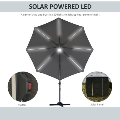 Outsunny 3(m) LED Cantilever Parasol Outdoor Sun Umbrella w/ Base Solar Lights Grey