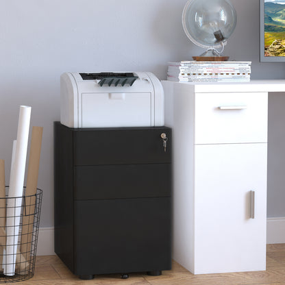 Vinsetto Lockable Cabinet, Rolling Filing Cabinet with 3 Drawers, Steel Office Drawer Unit for A4, Letter, Legal Sized Files 