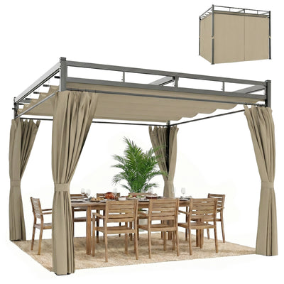 Outsunny 3 x 3 m Pergola with Retractable Roof Canopy and Curtains, UPF30+ Metal Frame Garden Pergola Gazebo Sun Shade, Khaki 
