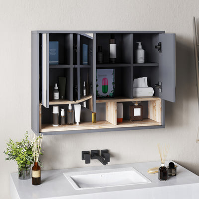 HOMCOM Bathroom Mirror Cabinet, Wall Mounted Bathroom Cabinet with Mirror, 3 Doors and Cupboards, Grey 