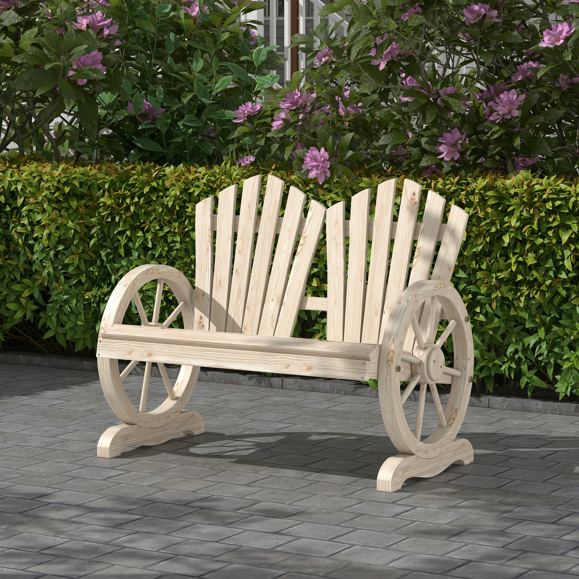 Outsunny Fir Wood Love Seats with Wheel-Shaped Armrests, Large Load-Bearing Chair, Natural Wood Finish 