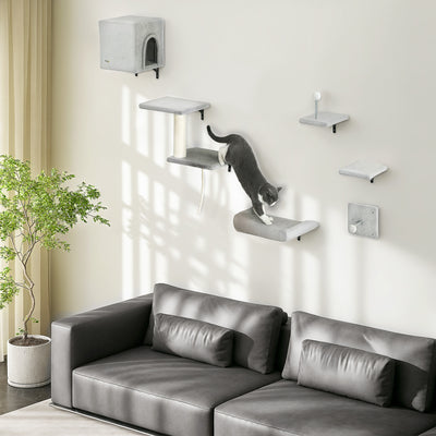 PawHut 6-Piece Cat Wall Shelves Set with Condo, Cat Wall Furniture with Platforms, Sisal Scratching Post, Bed, Toy Ball, Grey 