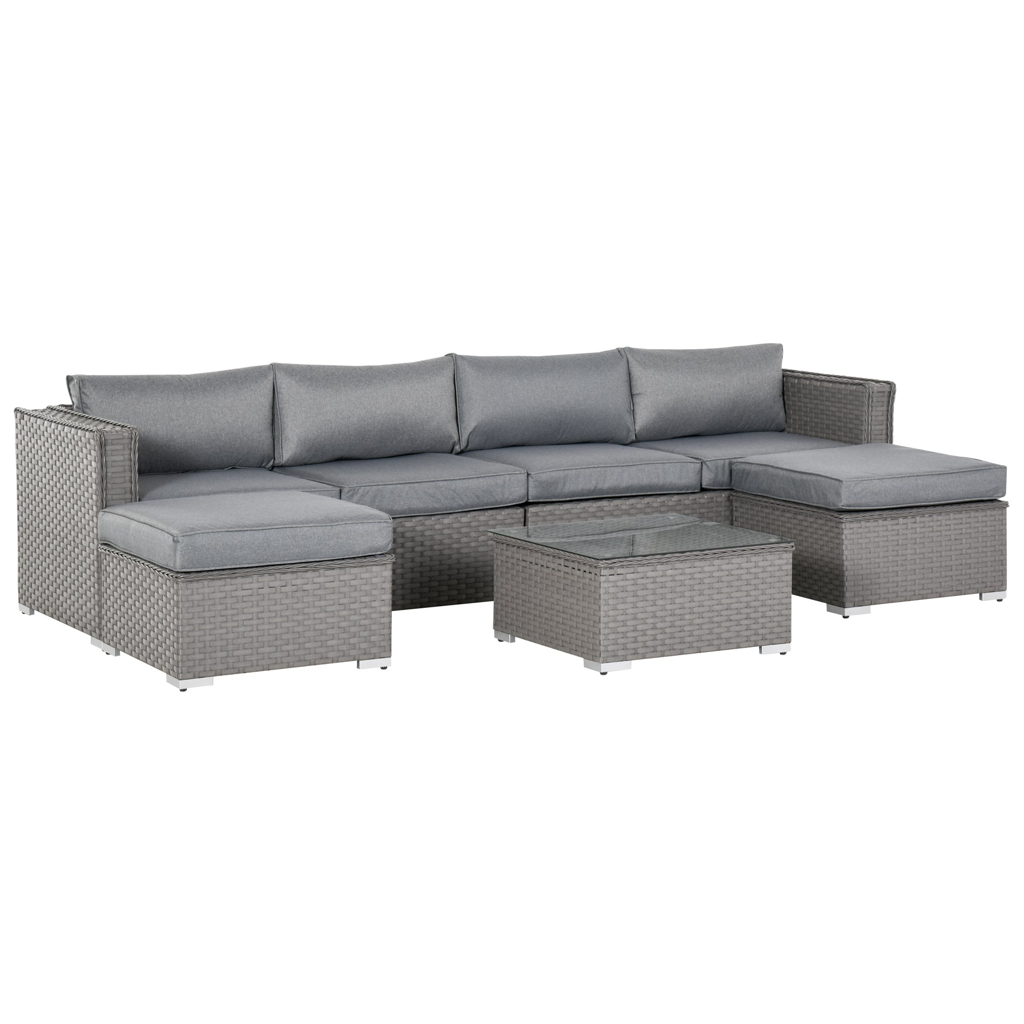 Outsunny 5 PCs PE Rattan Wicker Corner Sofa Set Bonzer Outdoor Conservatory Furniture Lawn Patio Tea Table Footstool w/ Cushion - Grey 
