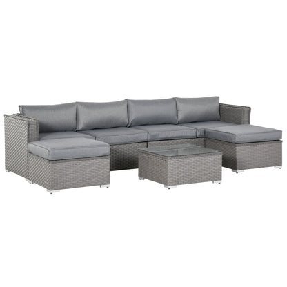 Outsunny 5 PCs PE Rattan Wicker Corner Sofa Set Bonzer Outdoor Conservatory Furniture Lawn Patio Tea Table Footstool w/ Cushion - Grey 