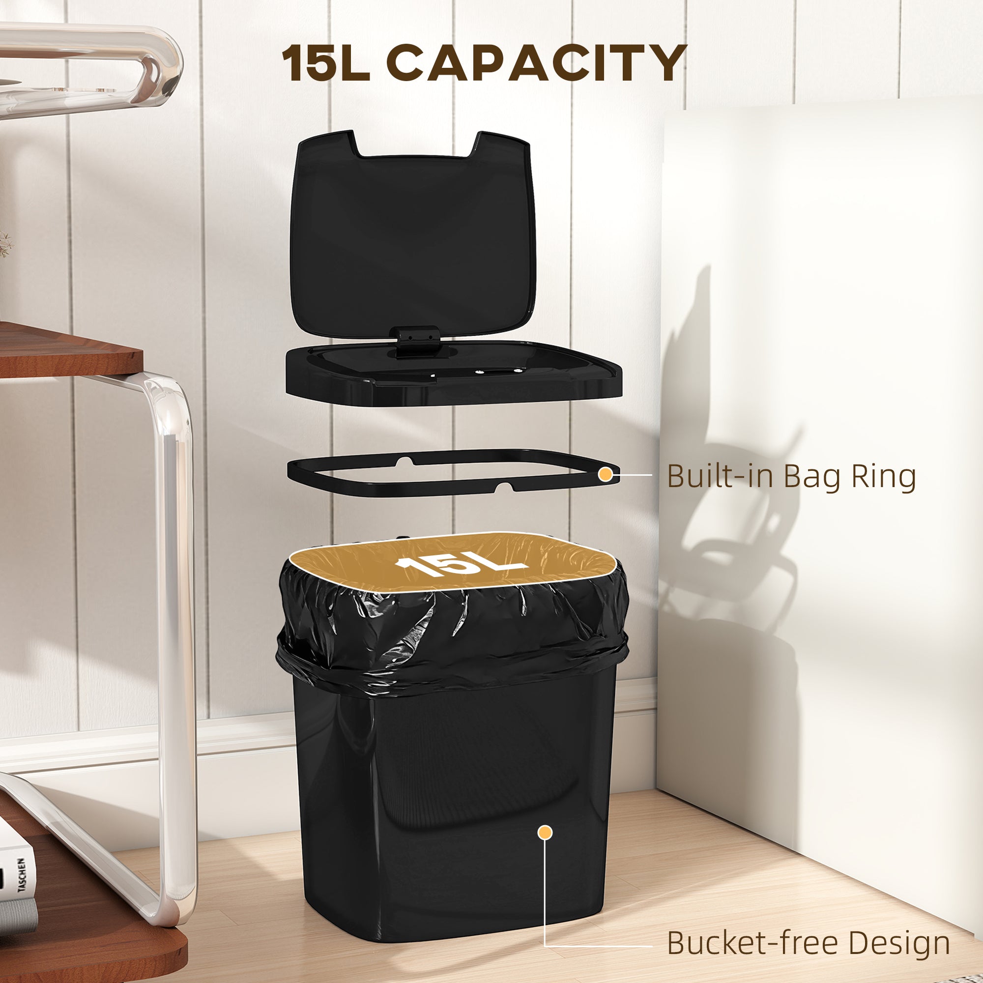 HOMCOM 15L Sensor Bin, Automatic Touchless Kitchen Bin, Easy Clean, Battery Operated for Home Office, Bedroom, Bathroom, Black 