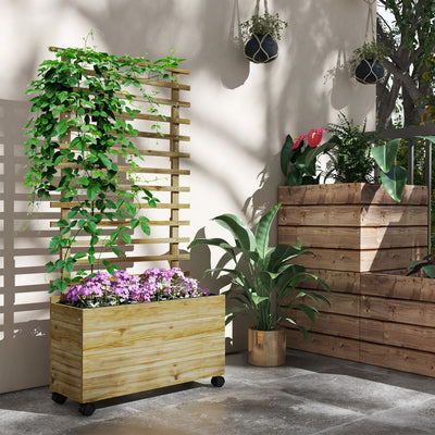 Outsunny Wooden Raised Planter, with Back Trellis - Natural Finish 