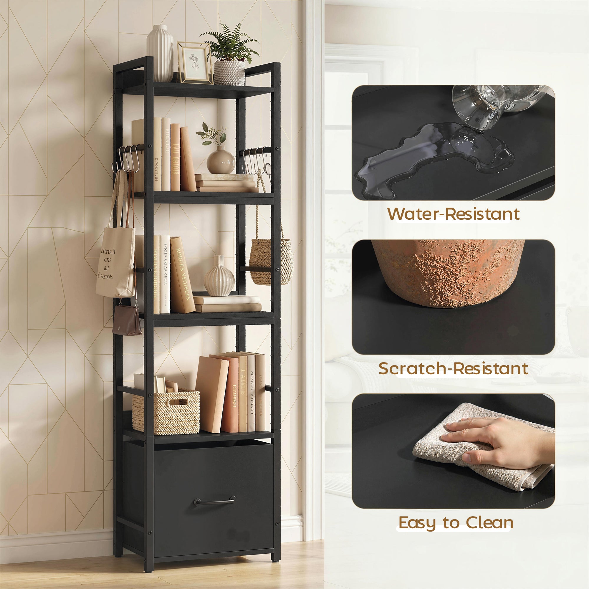 HOMCOM 4-Tier Bookshelf, Narrow Bookcase with Drawer, 8 Hooks, Metal Frame, Black 
