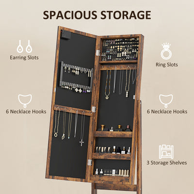 HOMCOM Free Standing Mirror Jewelry Cabinet with LED Lights, Jewellery Organiser with 3 Angle Adjustable, Full-Length Mirror with Storage for Earrings, Necklaces, Rings and Lipsticks, Rustic Brown 