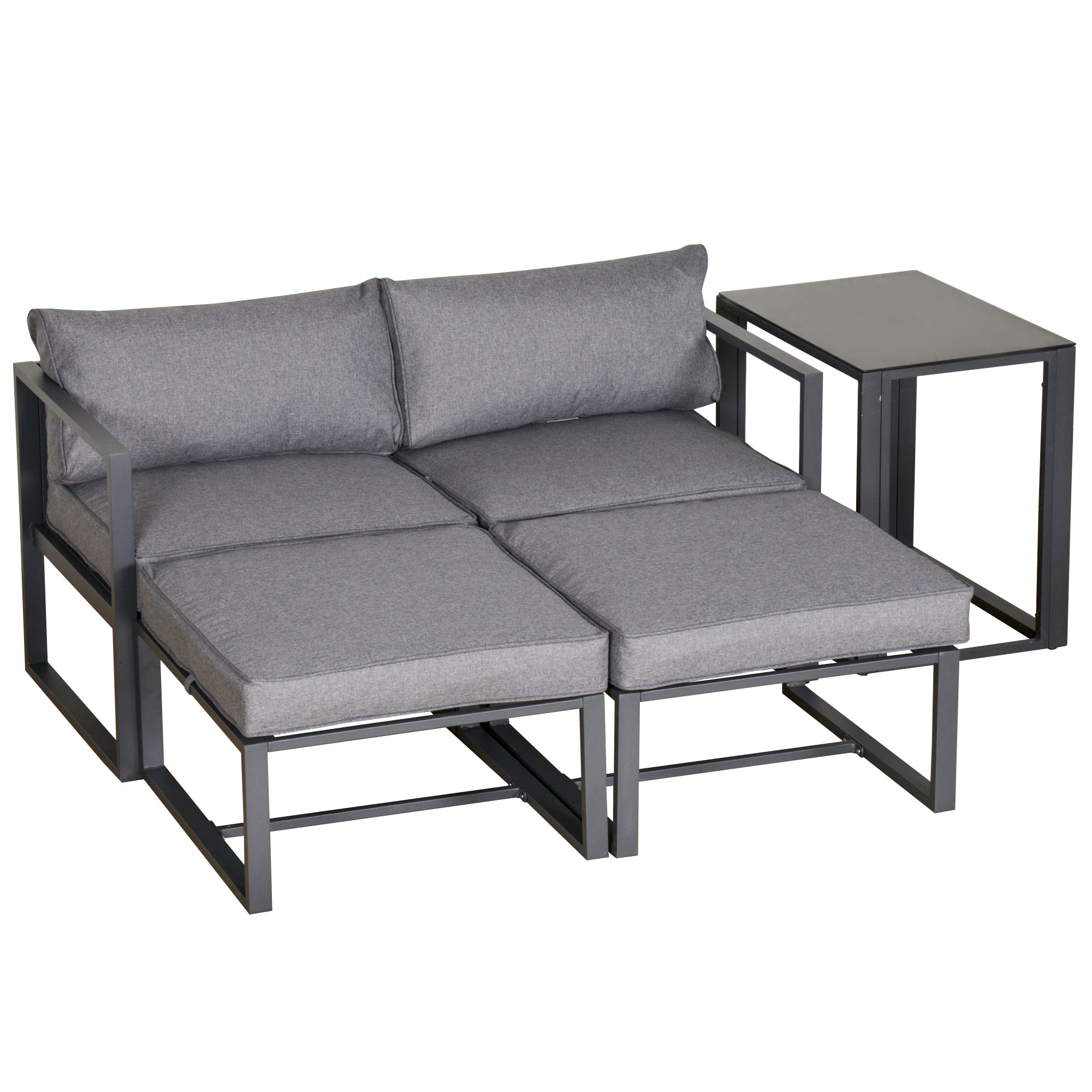 Outsunny 5 Piece Garden Aluminium Conversation Sofa Set Patio Furniture Set Outdoor 2 Sofas 2 Footstools End Table with Cushions 
