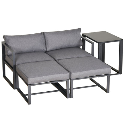 Outsunny 5 Piece Garden Aluminium Conversation Sofa Set Patio Furniture Set Outdoor 2 Sofas 2 Footstools End Table with Cushions 