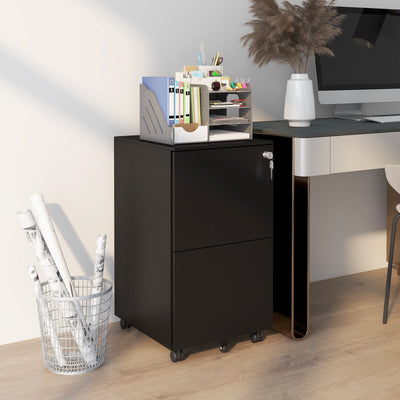 Vinsetto 2-Drawer Vertical Filing Cabinet with Lock and 5 Wheels, Steel Mobile File Cabinet, for A4, Legal and Letter Size, Pre-Assembled Body, Black 