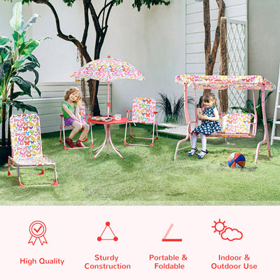 Outsunny Kids Outdoor Bistro Table and Chair Set Butterfly Pattern Garden Patio Backyard with Removable & Height Adjustable Parasol 