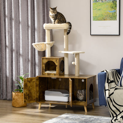 PawHut Cat Litter Box Enclosure, with Tree Tower, Cat House, Hammock, Cushion - Rustic Brown 