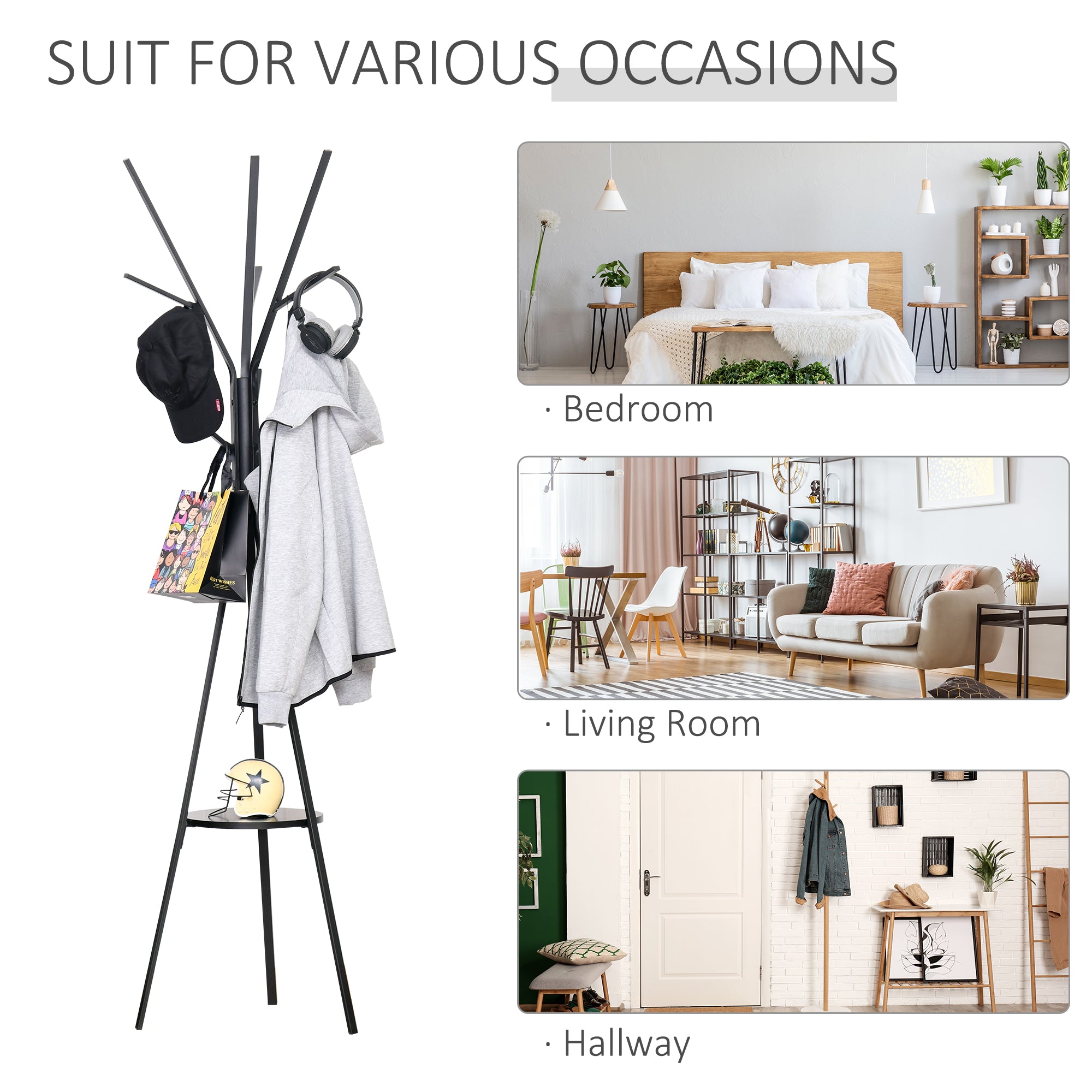 HOMCOM Freestanding Metal Coat Rack Stand 9 Hooks Clothes Tree with 1 Shelf Hat Display Hall Tree Hanger Bag Umbrella Hanging Organiser Black 