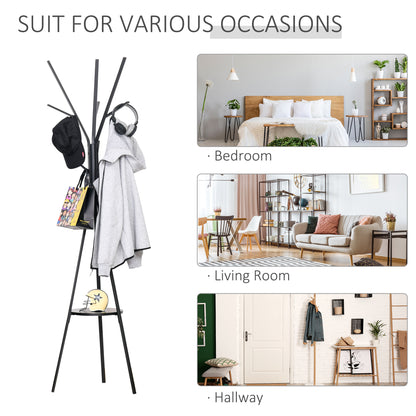 HOMCOM Freestanding Metal Coat Rack Stand 9 Hooks Clothes Tree with 1 Shelf Hat Display Hall Tree Hanger Bag Umbrella Hanging Organiser Black 