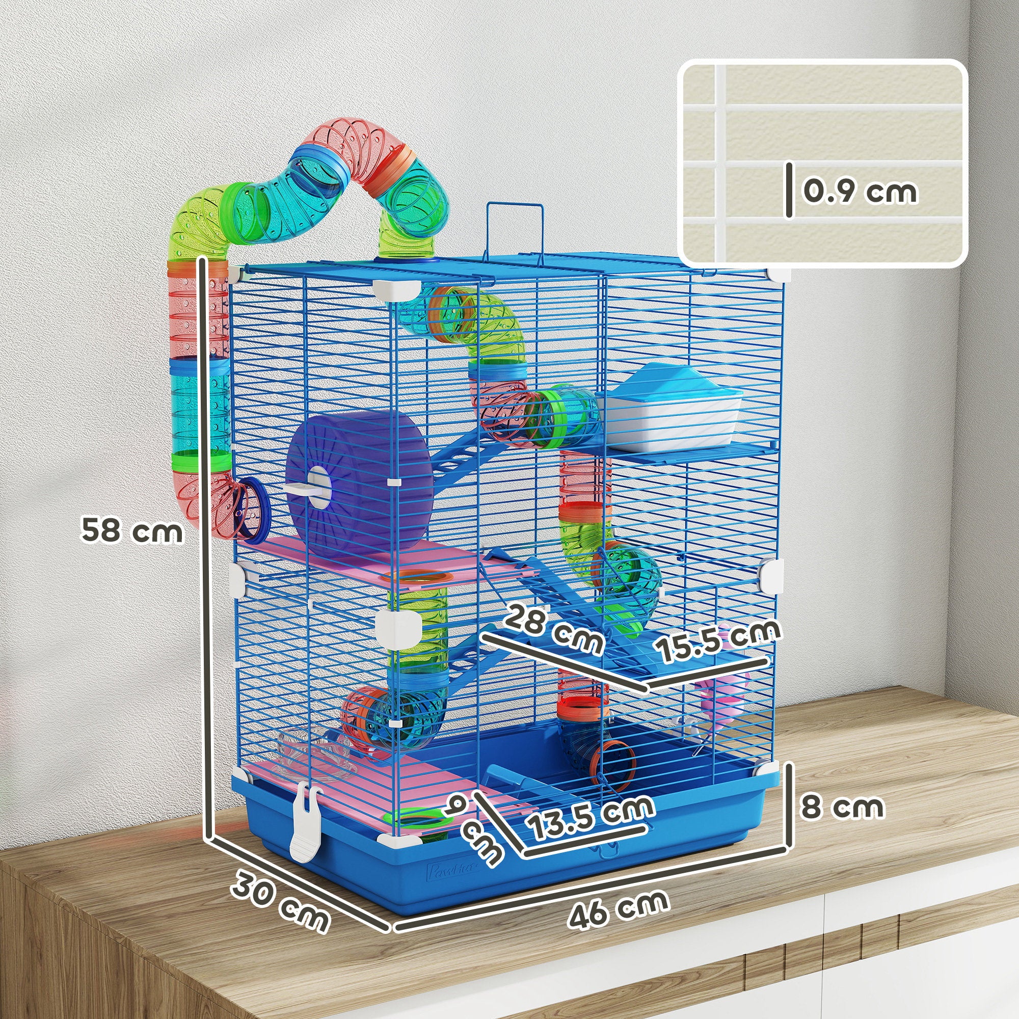 PawHut 5 Tier Hamster Cage Carrier Habitat w/ Exercise Wheels, Tunnel, Blue 