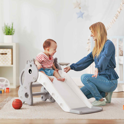 AIYAPLAY 3 in 1 Kids Slide with Climber, Basketball Hoop and Ball, Giraffe Shape Climber Slide for Indoor Kids Age 1-3, Grey 