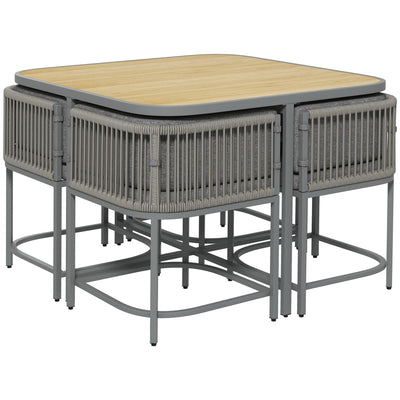 Outsunny 4 Seater Rattan Cube Garden Furniture Set with Cushions, Square Garden Dining Set with Stone Composite Board Top Table, Outdoor Dining Table and Chairs, Grey 
