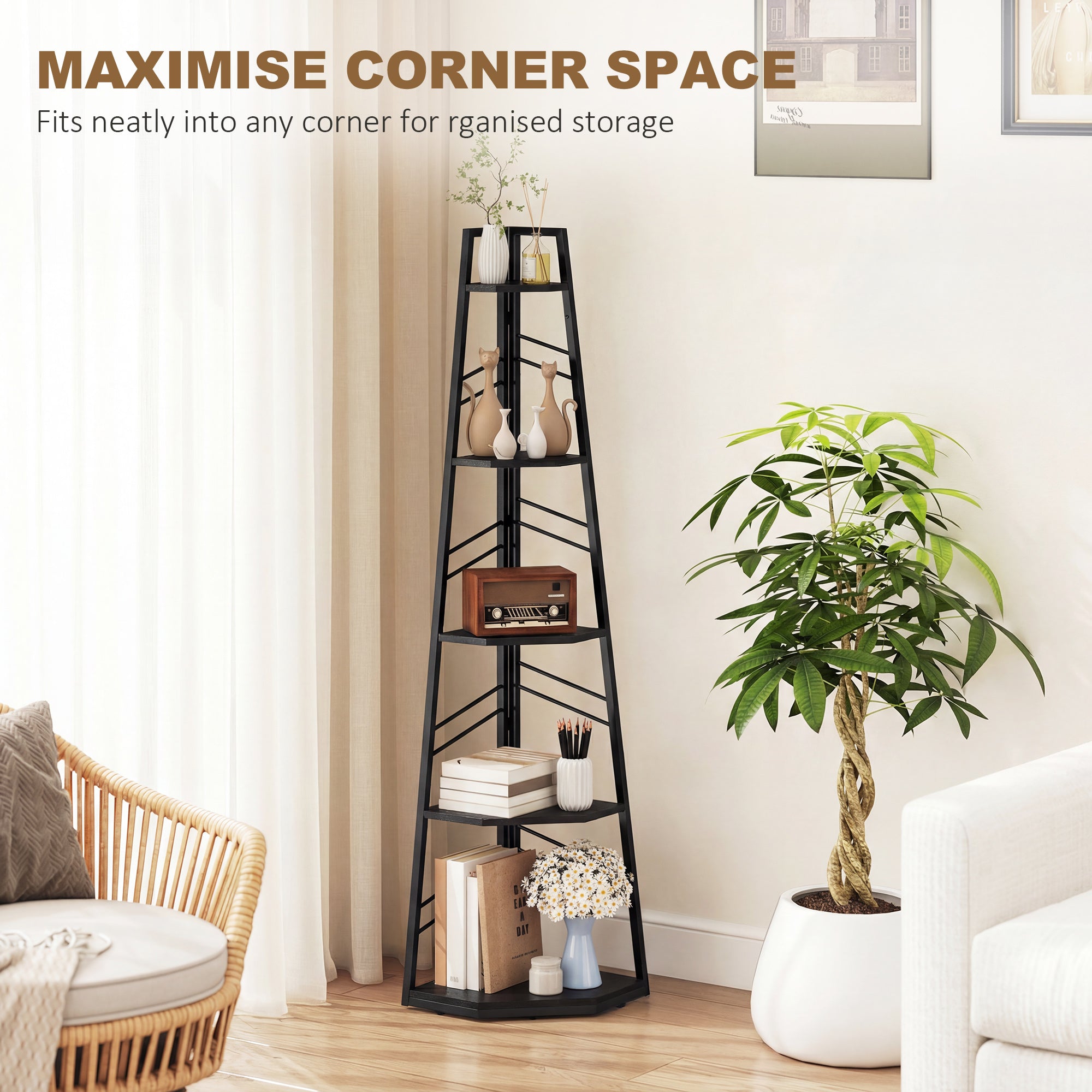 HOMCOM Corner Bookcase, 5-Tier Floor Standing Bookshelf, Shelving Unit for Living Room, Study, Bedroom, Black 