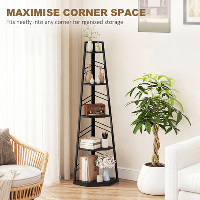 HOMCOM Corner Bookcase, 5-Tier Floor Standing Bookshelf, Shelving Unit for Living Room, Study, Bedroom, Black 