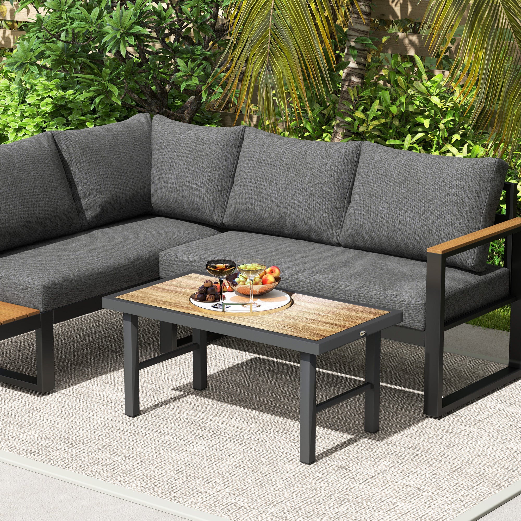 Outsunny Metal Garden Coffee Table, Outdoor Side Table with SPC Woodgrain Tabletop for Outside, Garden, Balcony, Porch, 100 x 53 x 46cm, Brown Wood Effect 