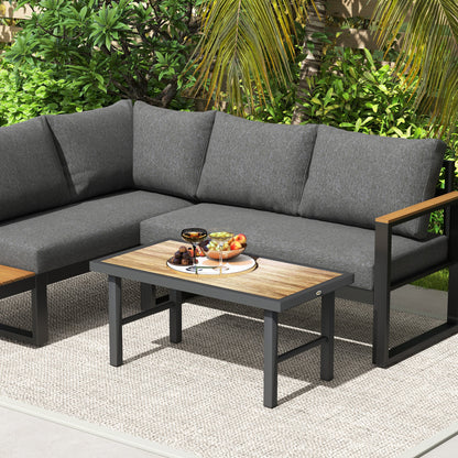 Outsunny Metal Garden Coffee Table, Outdoor Side Table with SPC Woodgrain Tabletop for Outside, Garden, Balcony, Porch, 100 x 53 x 46cm, Brown Wood Effect 