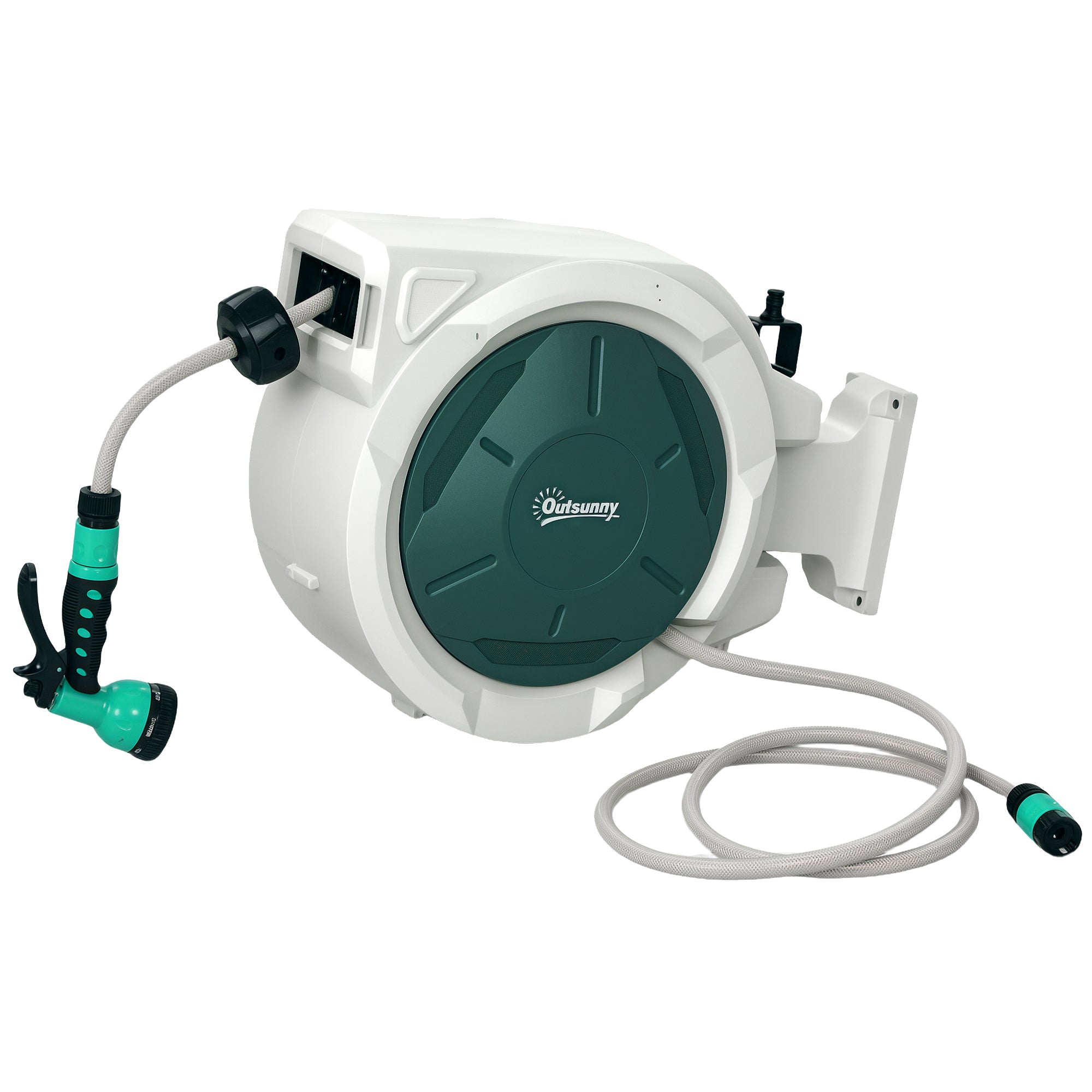 Outsunny Retractable Hose Reel Wall Mounted, 30+2m Garden Hose Pipe Reel with Lock, Auto Rewind, 7 in 1 Spray Nozzle, Includes Wall Fixings, 180\'c2\'b0 Swivel, Outdoor Watering, Grey 