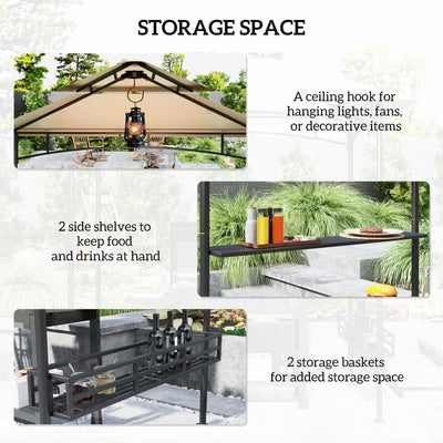 Outsunny 8' x 5' Grill Gazebo Canopy, Double Tiered Outdoor BBQ Gazebo Shelter with 2 Side Shelves, Storage Baskets, Hook for Garden, Patio, Barbecue, Picnic, Beige 