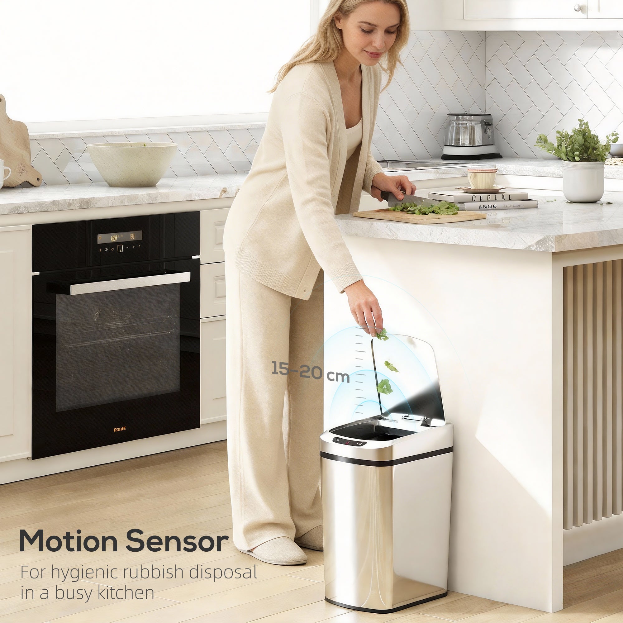 HOMCOM 12L Sensor Bin, Automatic Touchless Motion Sensor Kitchen Bin with Fingerprint Resistant Stainless Steel, Silver 