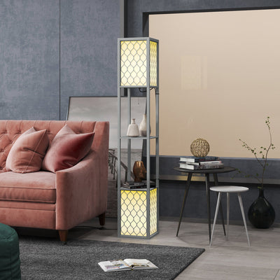 HOMCOM Floor Lamp with Shelves, Dual Light, Modern Tall Standing Lamps, with Pull Chain Switch (Bulb not Included), Light Grey 