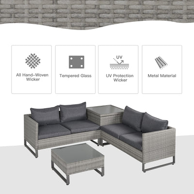 Outsunny 4 Pieces Rattan Garden Furniture Set, 4 Seater Garden Sofa Set with Storage Box, Loveseats and Glass Top Table, Wicker Outdoor Conservatory Furniture with Cushions for Outdoor, Patio, Grey 