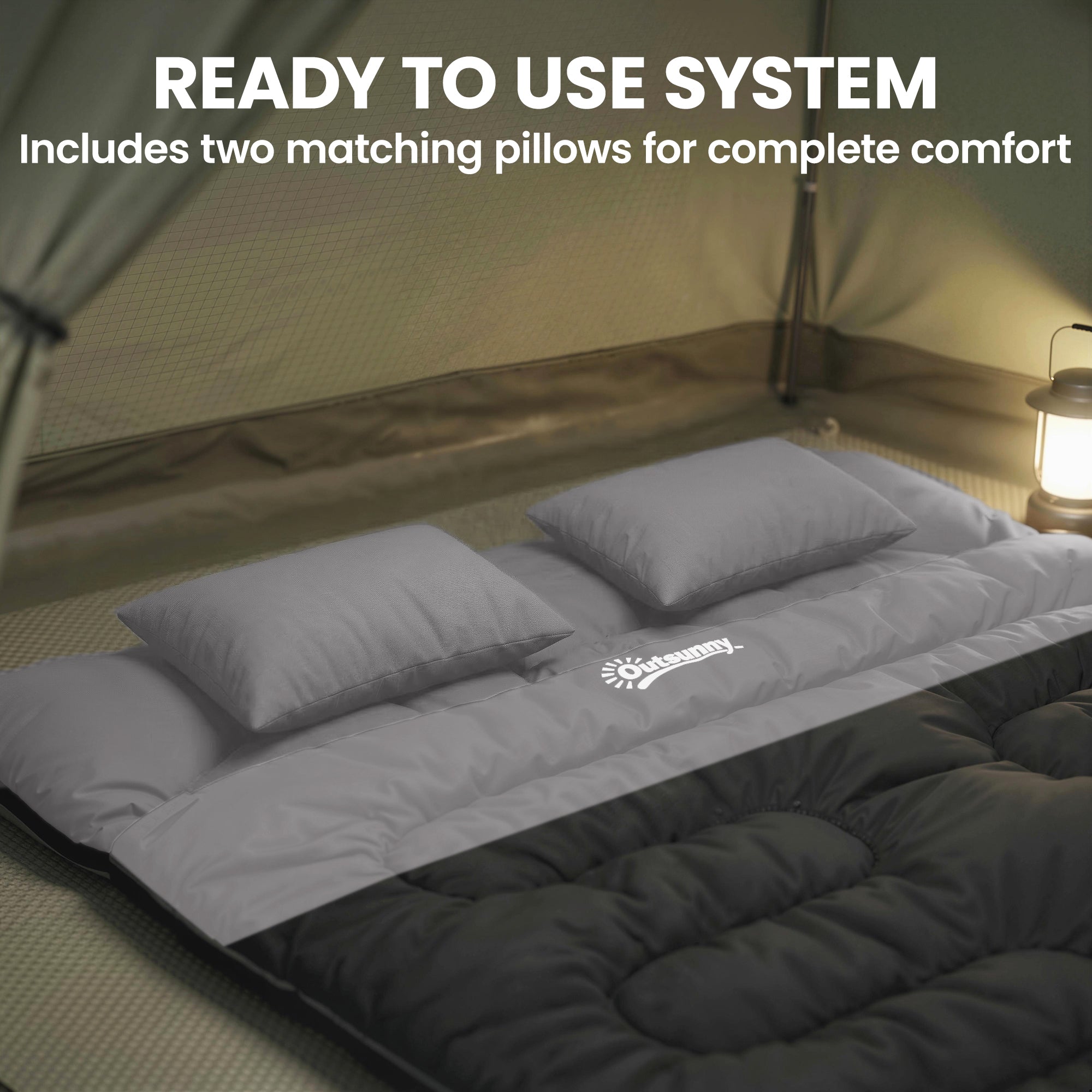 Outsunny Double Sleeping Bag with 2 Pillows, 220 x 160 cm Extra-Large Sleeping Bag for Adults, Black and Grey 