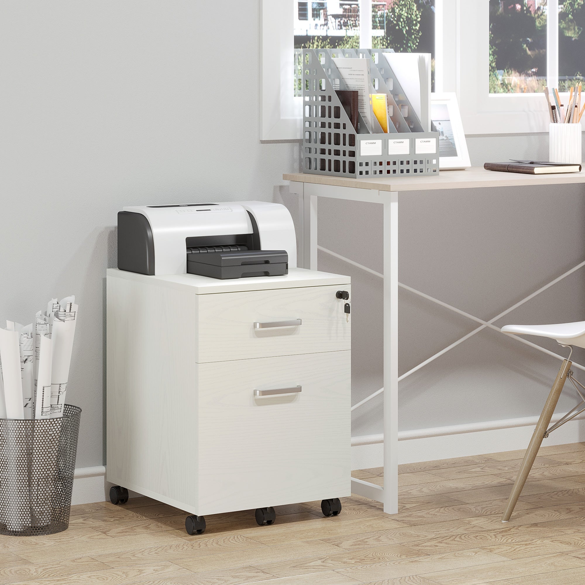 Vinsetto 2-Drawer Locking Office Filing Cabinet w/ 5 Wheels Rolling Storage Hanging Legal Letter Files Cupboard Home Organisation White Wood Grain 