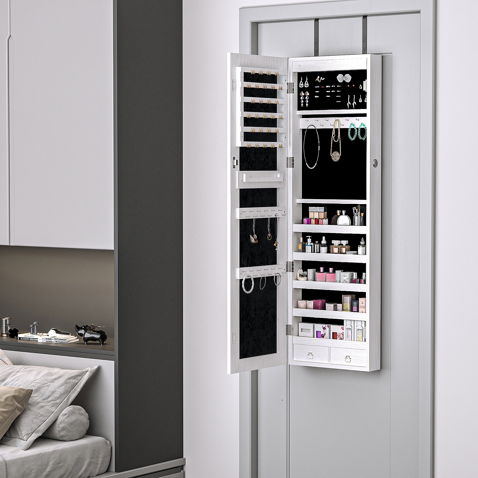 HOMCOM Jewelry Cabinet with Mirror and LED Lights, Lockable Makeup Cosmetics Jewellery Organiser, Mirror with Storage for Bedroom Dressing Room, White 