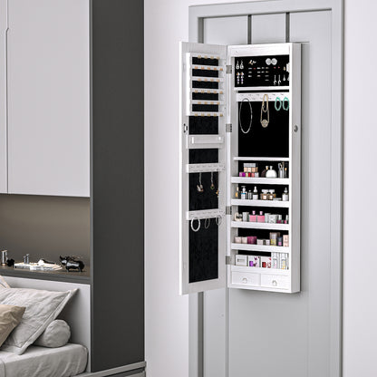 HOMCOM Jewelry Cabinet with Mirror and LED Lights, Lockable Makeup Cosmetics Jewellery Organiser, Mirror with Storage for Bedroom Dressing Room, White 