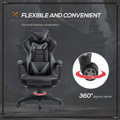 Vinsetto Computer Gaming Chair, Racing Desk Chair with Lumbar Support and Footrest, PU Leather Gamer Chair with Headrest and Swivel Wheels for Home, Grey 