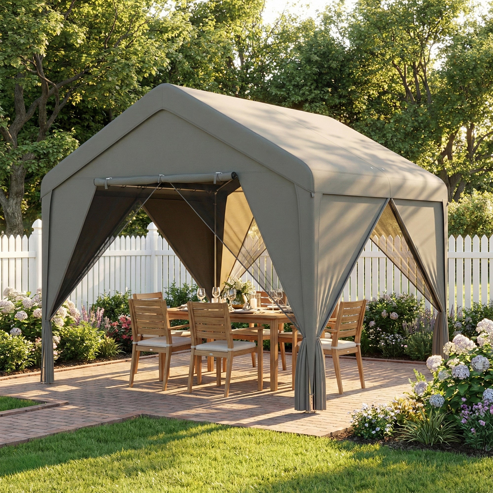 Outsunny 3 x 3 m Patio Gazebo with Netting & Curtains, Outdoor Canopy Shelter with Galvanised Steel Frame, Dark Grey 