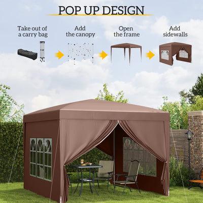 Outsunny 3 x 3 m Pop Up Gazebo, Wedding Party Canopy Tent Marquee with Carry Bag and Windows, Coffee 