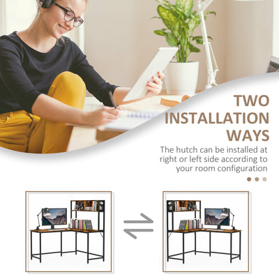 HOMCOM Reversible L Shaped Desk with Hutch, Industrial Computer Desk, Corner Desk with Storage Compartments and Steel Frame for Home Office, Study, 140 x 125cm, Brown 
