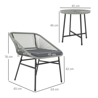Outsunny 3 Pieces Rattan Bistro Set, Wicker Small Garden Table and Chairs Set with Cushions and Glass Top Coffee Table, Bistro Garden Furniture Set for Outdoor, Patio, Balcony, Light Grey 