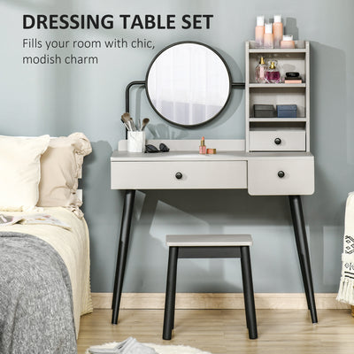 HOMCOM Dressing Table Set with Mirror and Stool, Vanity Makeup Table with 3 Drawers and Open Shelves for Bedroom, Living Room, Grey 