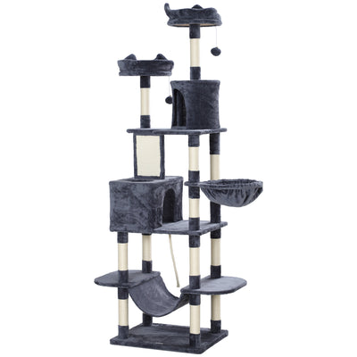 PawHut 206cm Cat Tree, Multi-Level Cat Tower with Scratching Posts and Board, Beds, Condos, Platforms, Toy Balls, Dark Grey 