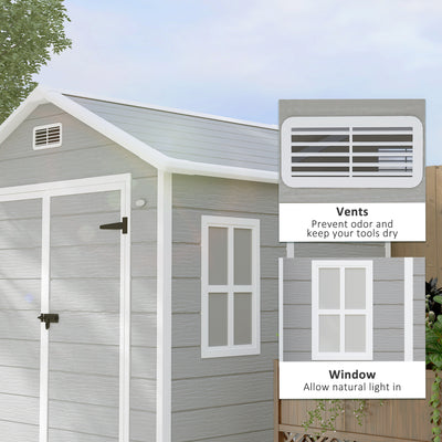 Outsunny 6 x 5ft Garden Shed, Plastic Shed with Floor, Window, Lockable Doors and Vents, Wood Effect Resin Tool Shed for Outdoor Patio, Light Grey 