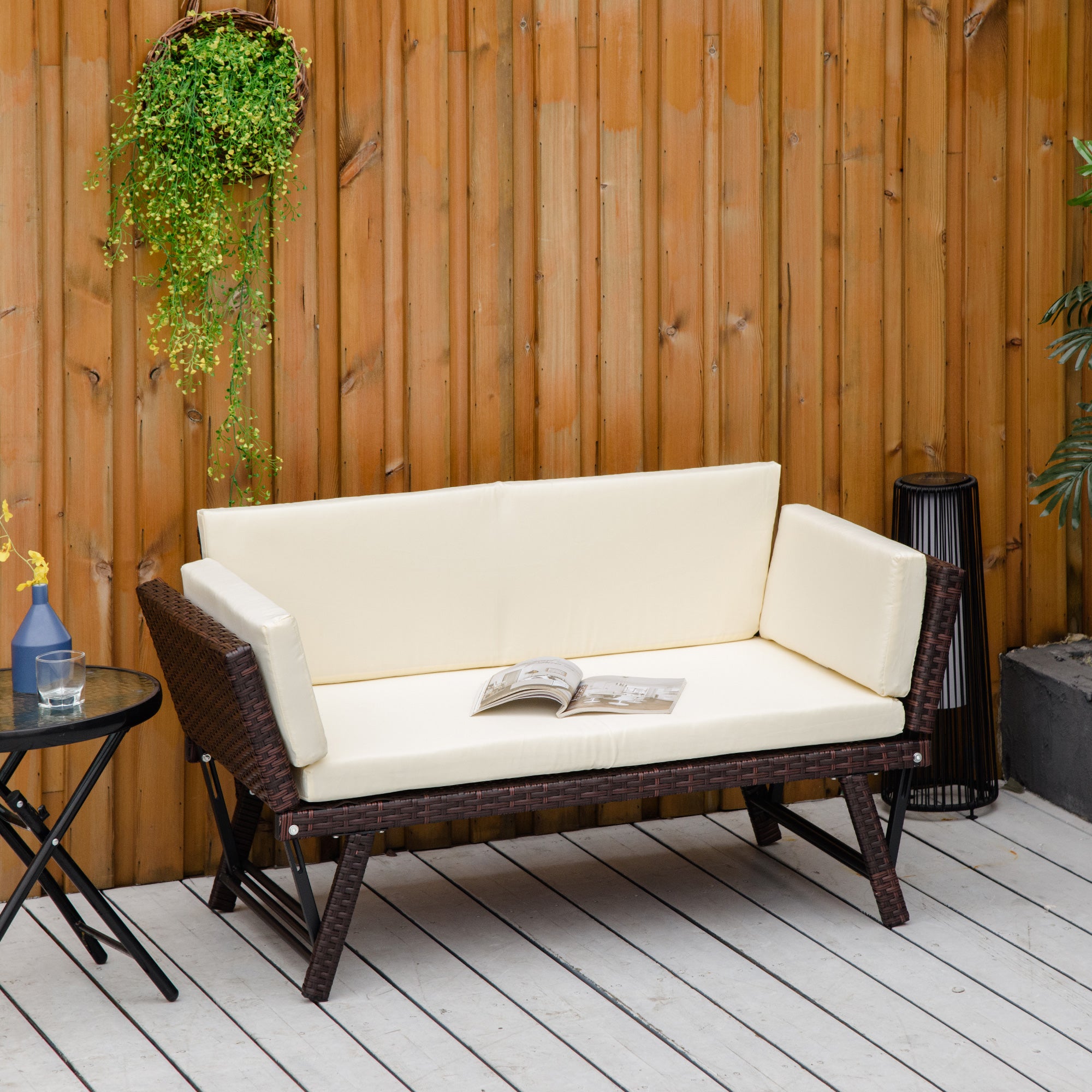 Outsunny 2-Seater 2-in-1 Rattan Convertible Sofa Daybed Brown 