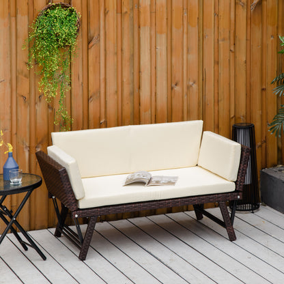 Outsunny 2-Seater 2-in-1 Rattan Convertible Sofa Daybed Brown 