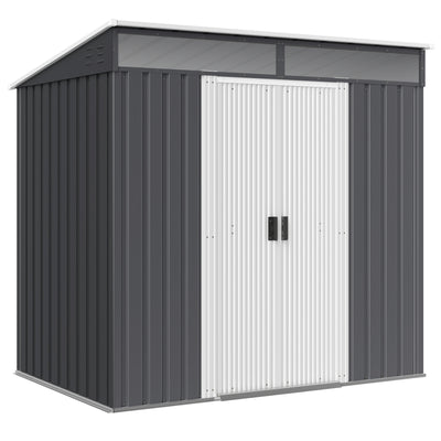 Outsunny 6.5 x 4FT Galvanised Metal Shed with Foundation Kit, Lockable Tool Garden Shed with Double Sliding Doors, Vents, Grey 