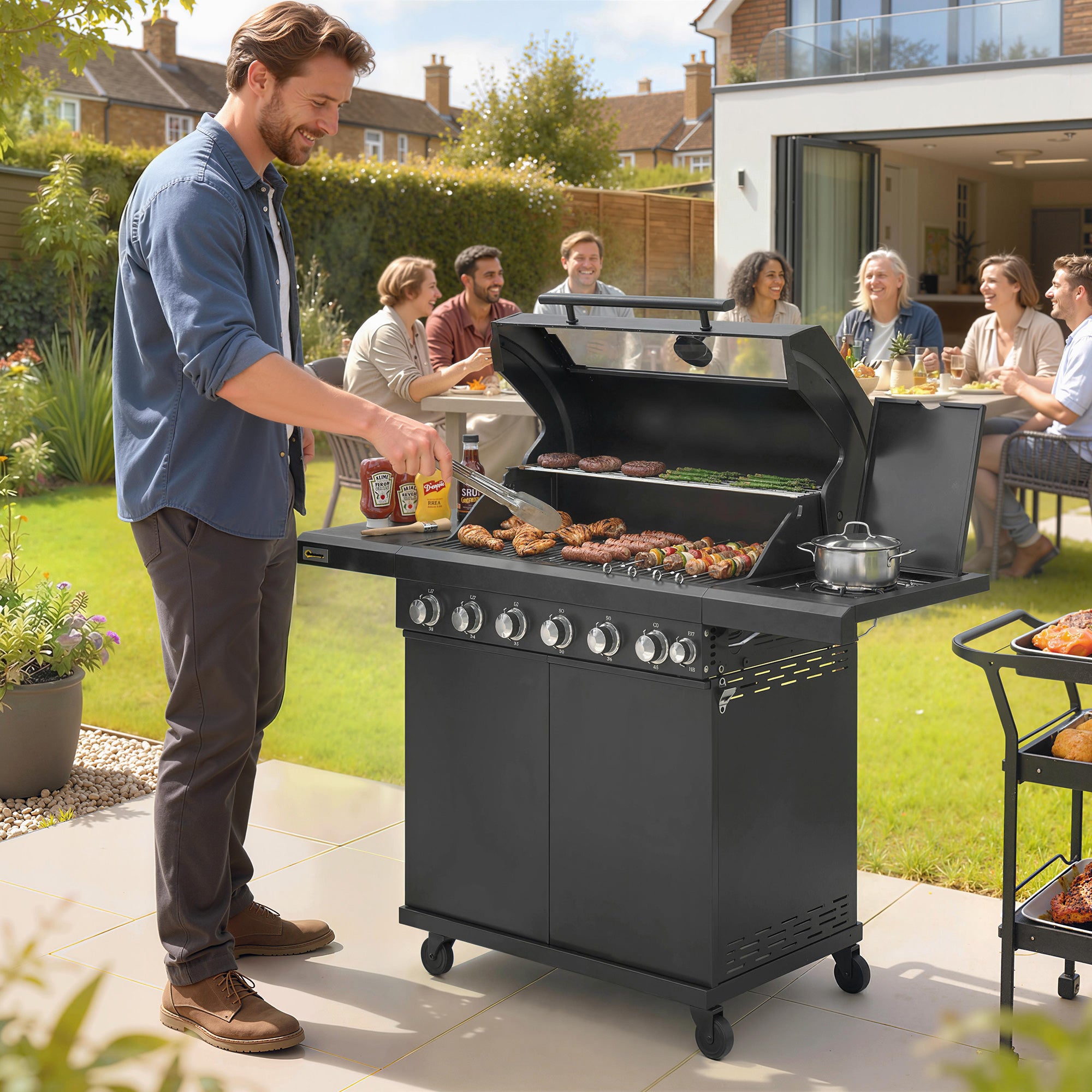 Outsunny 6+1 Burner Gas BBQ Grill, Outdoor Barbecue Trolley with Wheels, Warming Rack, Thermometer, Bottle Opener, Black 