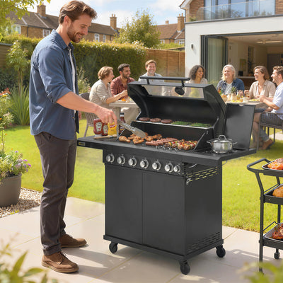 Outsunny 6+1 Burner Gas BBQ Grill, Outdoor Barbecue Trolley with Wheels, Warming Rack, Thermometer, Bottle Opener, Black 