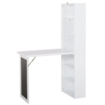 HOMCOM Wall Mounted Computer Desk, Folding Study Table with Black Board and Bookshelf, Multifunctional Floating Writing Desk for Home Office, White 