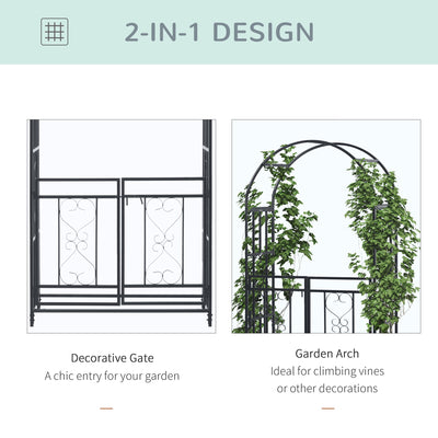 Outsunny Outdoor Garden Arch with Double Gates, Metal Garden Arbor for Climbing Plants, Roses, Vines, Wedding Arch for Outdoor, 114L x 50W x 206H cm, Dark Grey 